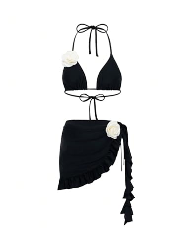 Verdusa Women's 3 Piece 3D Flower Halter Bikini Set Self Tie High Cut Swimsuit with Cover Up Skirt4