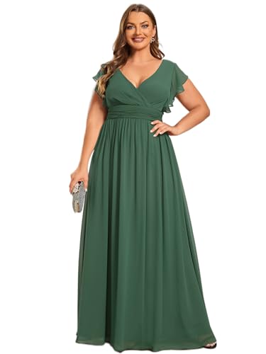 Ever-Pretty Plus Women's Summer Chiffon Ruffles Sleeve Pleated Back Cutout Plus Size Bridesmaid Dresses Formal Gowns