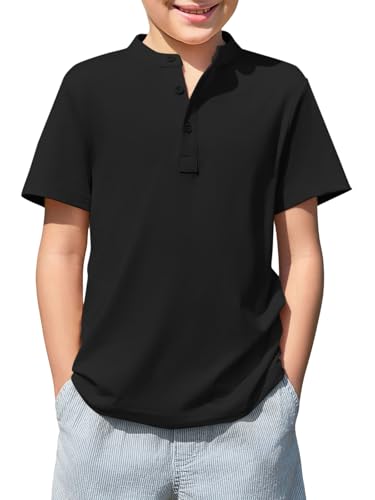 Haloumoning Boys Short Sleeve Henley Shirt Kids Casual Button Front Summer T-Shirts Tops Tees 5-14 Years