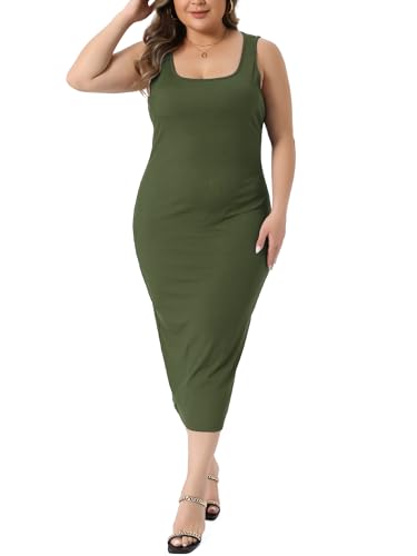 Image of Agnes Orinda Plus Size Dress for Women Summer Sleeveless Square Neck Bodycon Cocktail Sundress Sexy Midi Tank Dress