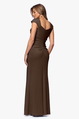 Image of Xscape Women's Long Bodycon Formal Evening Gown with Cap Sleeves, Asymmetrical Neckline, Ruched Bodice and Front Slit