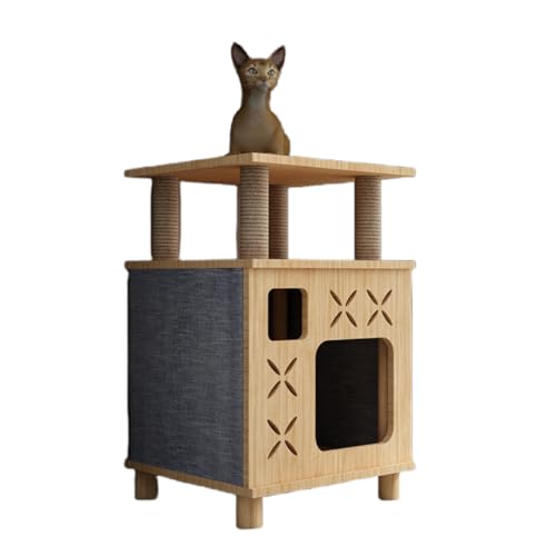 TVT キャットタワー 猫タワー 無垢材の猫用ヴィラ 簡単組立 省スペース コンパクト 丈夫 安定 耐荷重 麻ロープ 多階建てアパートの屋内使用、登り、睡眠、ジャンプオールインワンペットパーク 多機能 家具 インテリア 猫のおもちゃ (D)