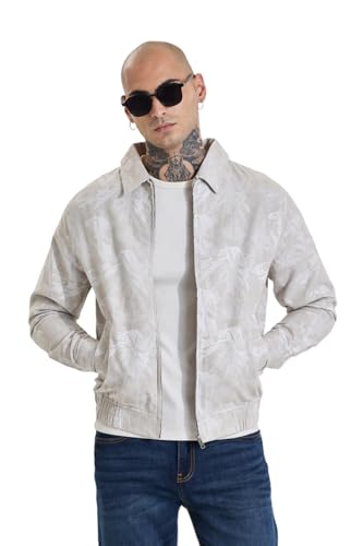 Image of SNITCH Men Casual Jacket | Regular Fit Classic Collar Full Sleeve Leaf Pattern | Cotton Blend Zippered Closure Machine Washable