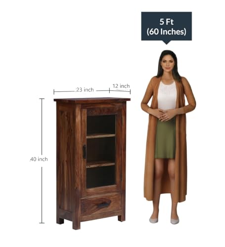 Image of DADDYFURNITURE? Solid Sheesham Wood Kitchen Cabinet Display Rack with 1 Drawer and 2 Shelf for Living Room | Solid Wood Bookcase for Home Furniture. (Honey)