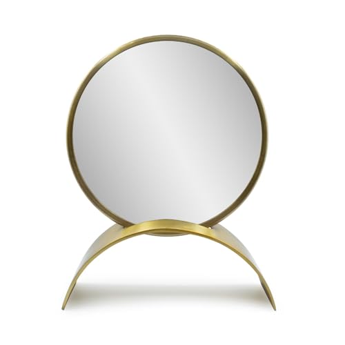 Image of Howard Elliot Maja Arched Table Top Mirror with Stand, Table Desk Vanity Makeup Mirror with Stainless Steel Antique Brass Finish, Modern Decorative Portable Table Vanity Mirror, Gold, 15 x 12 Inches