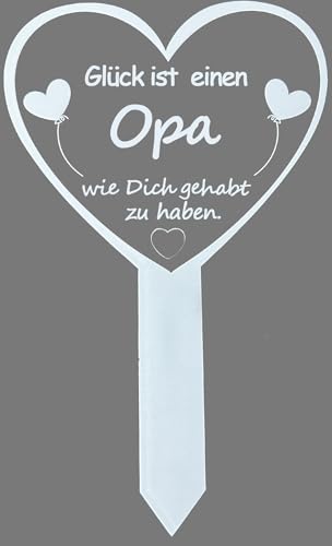 Grabstecker Herz mit Spruch 'Glück ist eine Mama/Oma... einen Papa Opa', Grabschmuck Friedhof Grabdeko Trauer Spruch Wetterfest, Grabschmuck für Friedhof, 16 x 26 cm, Weiß (Opa)