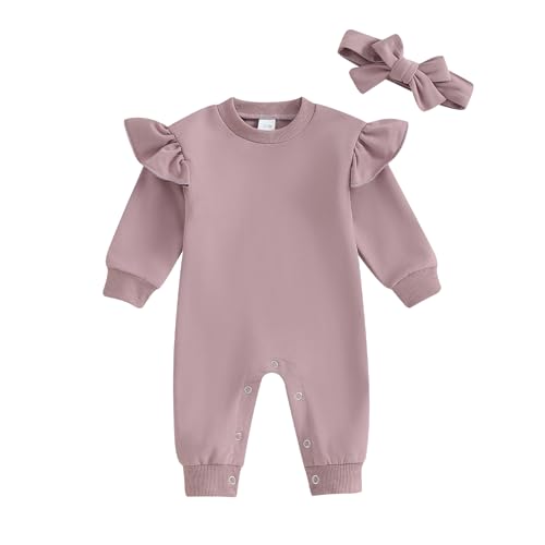 Image of Gueuusu Newborn Baby Girl Clothes Ruffle Long Sleeve Crewneck Romper Jumpsuit Fall One Piece Bodysuit with Headband Set (Purple, 3-6 Months)