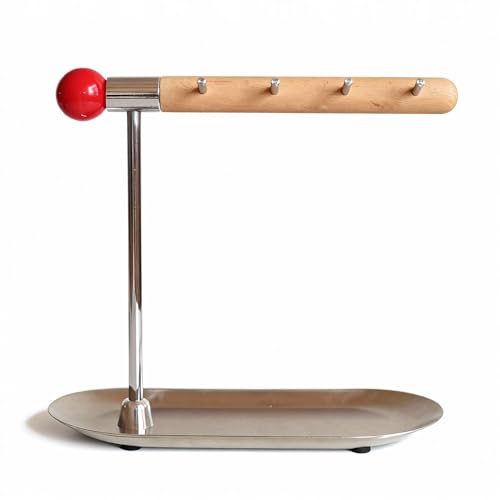 HugList Bauhaus-Inspired Key Bowl & Jewelry Stand — Beechwood Necklace Holder with Brass Bar,...