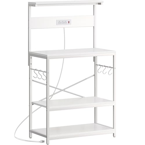 Image of SUPERJARE Bakers Rack with Power Outlets, Microwave Stand, 31.5 X 16.5 Inch Larger Desktop, Kitchen Storage Rack with Adjustable Middle Shelf, 6 S-Shaped Hooks, Coffee Bar Stand, White