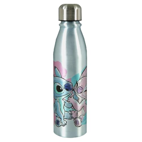 Undercover Botella de Aluminio 600 ml Stitch y Angel Estampado con Tapón de Rosca, Diseño Único, THERMOS
