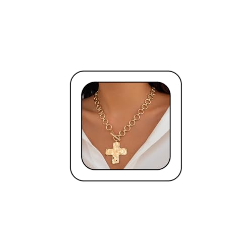 IQIC Chunky Necklace Chunky Cross Necklace for Women Big Cross Statement Necklaces Trendy Toggle Necklaces Hammered Bold Vintage Jewelry