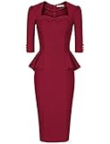 MUXXN Women's 50s 3/4 Sleeve Peplum Business Pencil Dress(XL,Burgundy)