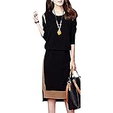 [ニーマンバイ] バイカラー ニット ワンピース セットアップ 風 長袖 膝丈 ヒザ 丈 ミドル丈 ミディアム 無地 カジュアル カワイイ フォーマル オフィス カジュアル 着心地のいい フク 服 丸首 仕事 ビジネス きれいめ 通勤 通学 シンプル デート オシャレ エレガント オオキイ かわいい オフィス かっこいい 美シルエット モード モード系 重ね着風 ニットワンピ 黒 C174-BKL