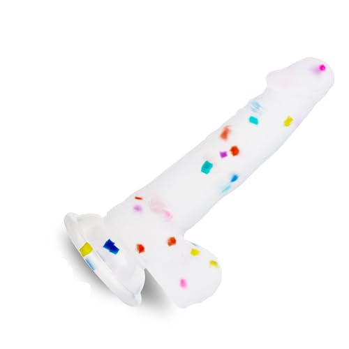 Seiecft 16.5cm Konfetti Klarer Silikon Dildo mit Ausgestellter Saugnapf Basis für Freispiel, Flexibler Dildo mit Gebogenem Schaft und Bällen für Vaginal G-Punkt und Anal Prostata