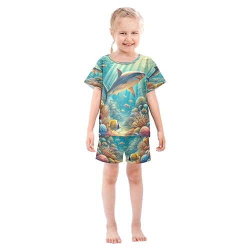 Shark Coral Pajama Set Short Sleeve Summer Pajamas Sleepwear Nightwear Set Cotton 5Y3