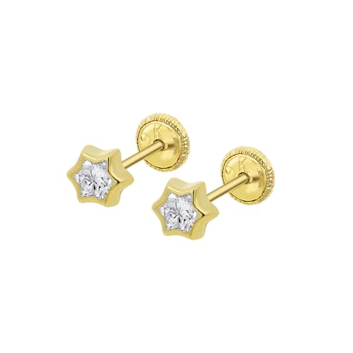 TIME ROAD Pendientes Bebé Niña de Oro 9K HIN00199/4 - Cierre Seguro de Rosca - Pendientes de Estrella 4 mm - Infantil 3, 6, 12 a 24 meses - Ideal como Regalo de Nacimiento, Bautizo o Cumpleaños