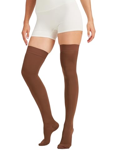 Image of NURCOM 15-20 mmHg Medical Compression Stockings with Dot Silicone Band, Closed Toe Thigh High Compression Socks for Women & Men, Graduated Support Stockings for Varicose Veins, Edema,Brown,XX-Large