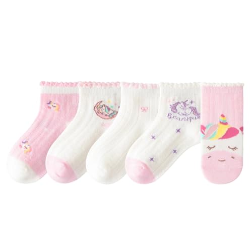 Toddler Girl Mid Calf Socks Cartoon Soft Breathable Thin Cool Ruffle Mesh Socks 5 Pairs