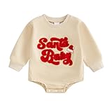 Baby Girl Boy Christmas Outfit Santa Embroidery Long Sleeve Bubble Sweatshirt Romper Newborn Fall Winter Clothes (Apricot, 0-3 Months)