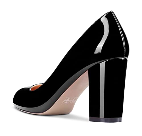 HEUIVZAR Women Pumps Round Toe Block Chunky Mid Heel Slip-on Dress Shoes Patent 3 Inch3