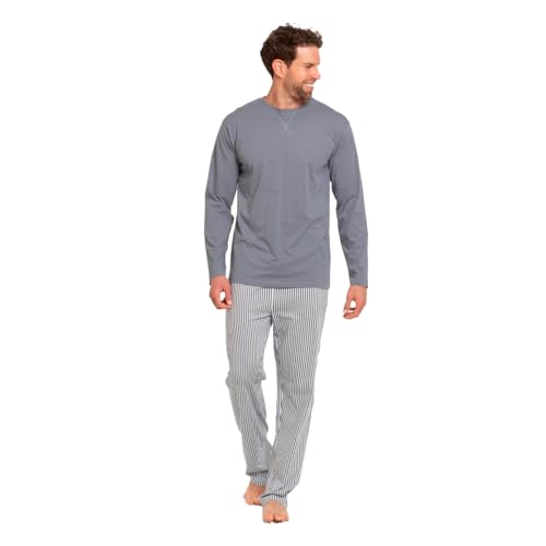 TRAMAS+ Pijama de Hombre Largo,100% Algodón, con Manga Larga y Pantalón Largo, Conjunto de Ropa para Dormir Entretiempo - L, Raya Santi Indigo