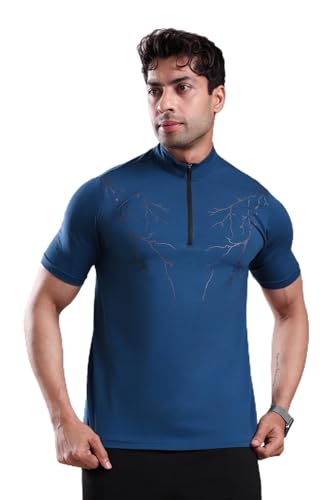 Image of GROW Stylish Gym T Shirts for Men Workout | Cotton and Spandex Quarter Zip Back Printed Collar T Shirts for Men Half Sleeves