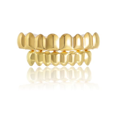 Gold Hip Hop Teeth Grillz for Men Women Punk Style Rapper Teeth Grillz 8 Teeth Caps Top Bottom Set Sparkling Cubic Zirconia Teeth Grilz Christmas Birthday Party Costume Jewelry (Gold)