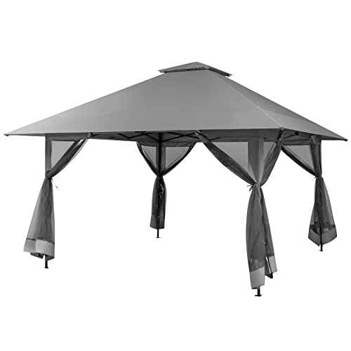KOMFOTTEU Cenador de Jardín de 4 x 4 m, Carpa Plegable con 4 Mosquiteras con Cremallera, Pabellón con Altura Ajustable y Bolsa de Transporte con Ruedas, para Camping, Fiesta, Playa (Gris)