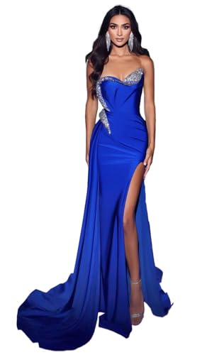 Strapless Beaded Mermaid Prom Dresses 2024 Long Satin Sweetheart Formal Evening Party Bridesmaid Gowns for Wedding with Slit
