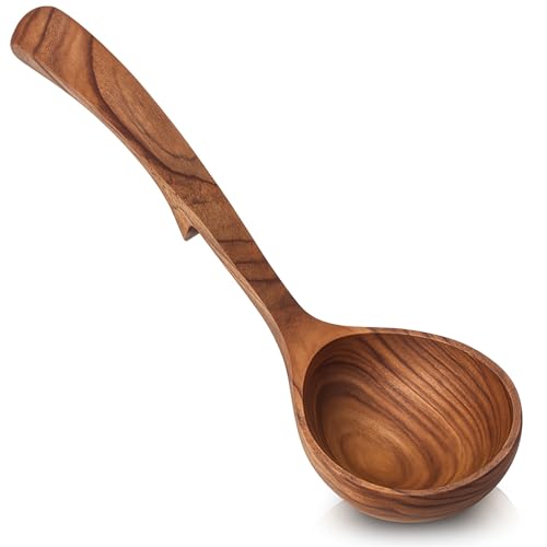 HANSGO Wooden Ladle for Cooking, Wooden Soup Spoons, Natural Teak Wood Serving Spoon, 9'' Long Handle Scooper for Stirring Gravy Sauce Porridge, House Warming Gifts New Home