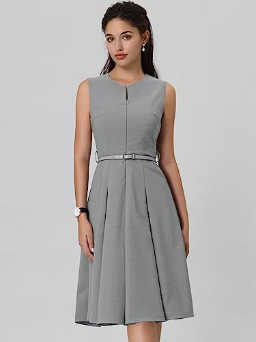 Women's A-Line Dress Sleeveless Zip Up Office Work Flare Pleated Dresses with Belted2