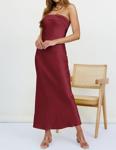 Image of MEROKEETY Women's Summer Satin Strapless Bodycon Dress 2026 Backless Tube Wedding Guest Cocktail Formal Party Maxi Dresses