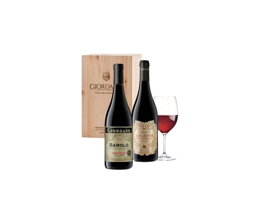 GIORDANO Box Vini Rossi Degustazione con Barolo DOCG 2021 e Amarone della Valpolicella DOCG 2021, Confezione da 2 Bottiglie di Vini Rossi Pregiati Italiani