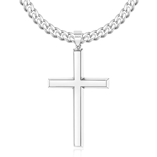 S925 Sterling Silver Beveled Edge Cross Necklace for Men Women, 5mm Sterling Silver Diamond Cut Cuban Link Chain, Fashionable Men's Crucifix Pendant Chain Necklaces 16-30 Inches