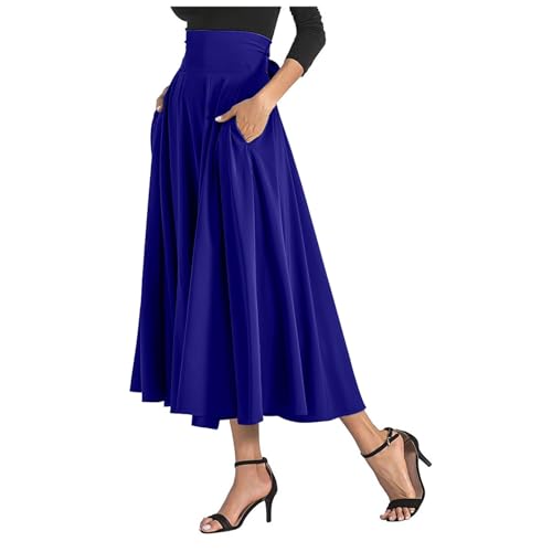 Maxi Skirts for Women High Waisted Side Slit Belted Pocket Midi Length Retro Casual Boho Flowy Skirt Layered Design
