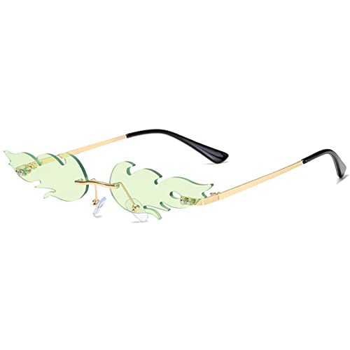 LASPOR Fire Flame Sunglasses for Women Men Retro Wave Rimless Glasses Vintage Fire Shape Gold Metal Frameless Eyewear (Green No.2)