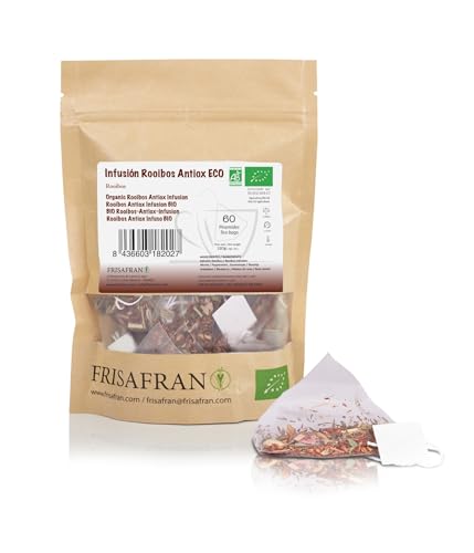 FRISAFRAN | Bio Rooibos Infusion in Pyramiden 60 Einheiten | 120g | Aufguss | Nahrhaft | Feuchtigkeitsspendend | Erfrischendes Antioxidans | Rooibos | roibos du | Aufguss Beuteln | Vitaminhaltig | tee