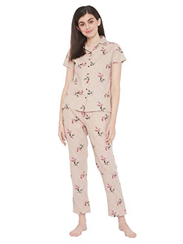 Image of Clovia Women's Cotton Floral Printed Shirt and Pajama Set