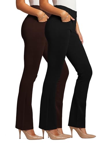 Conceited 2-Pack Stretch Slacks for Women - Wear to Work - Bootcut Dress Pants with Pockets - Black, Brown - (Large)