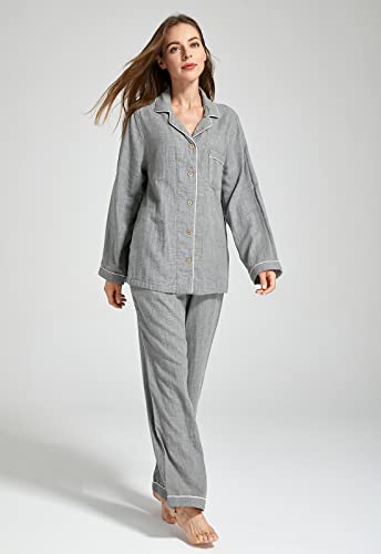 Image of Women's Pajama Set 100% Double Gauze Cotton Linen Like Super Soft Comfy Button Down Sleepwear (Long Sleeve, Medium Grey, Extra Large)