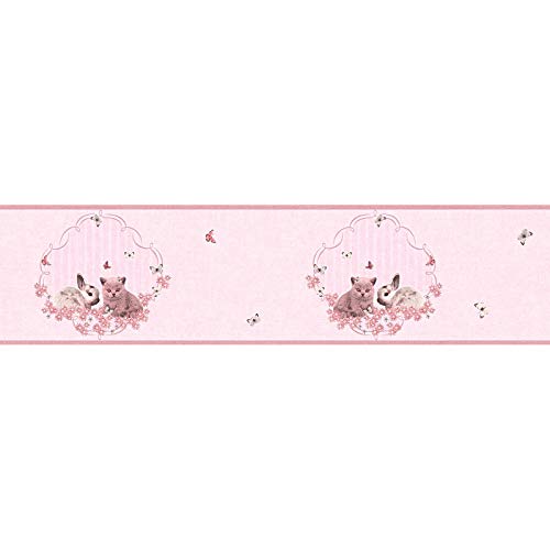 BRICOFLOR Frise papier peint chambre fille rose Frise tapisserie rose animaux chat & lapin Frise murale chambre enfant avec papillons