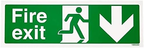 VSafety Fire Exit Arrow Down Sign - Landscape - 300mm x 100mm - 1mm Rigid Plastic