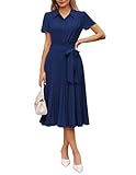 GRACE KARIN Summer Work Dresses for Women 2026 Short Sleeve Button Shirt Dresses A Line Midi Business Casual Office Dress Navy Blue M