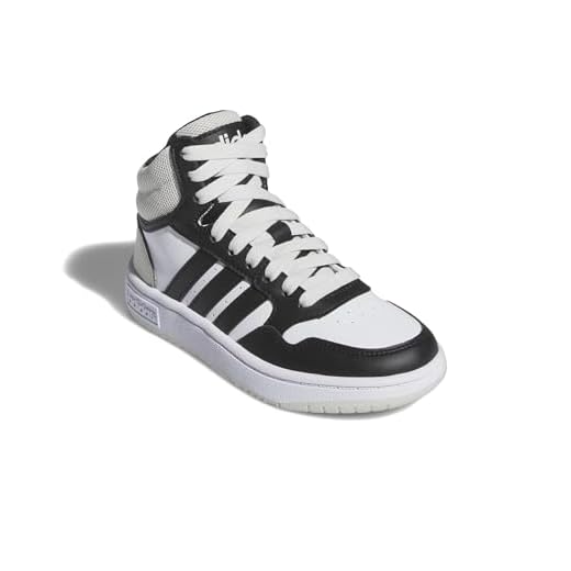 adidas Tenis unisex Hoops Mid Top para niños, Blanco/Negro/Plata Halo, 5 US Big Kid