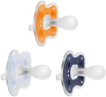 Dr. Brown's Advantage One-Piece Silicone Baby Pacifier, Fully Symmetrical Soother, Dark Blue/Light Blue/Orange, 6-18m, BPA Free, 3 Pack