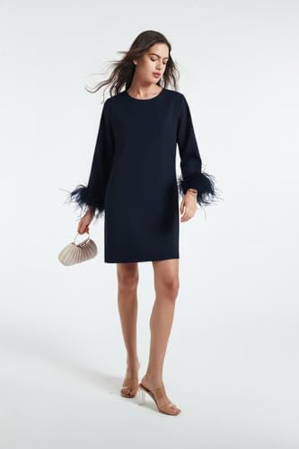 Image of D-Sun Women Feather Dress 3 /4 Feather Sleeves Mini Dress | Round Neck,Elegant Party Dress, Wedding Guest Cocktail Dresses with Pocket
