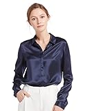 LilySilk Women's 100% Silk Blouse Long Sleeve Lady Shirt 22 Momme Charmeuse Silk Navy Blue Size M