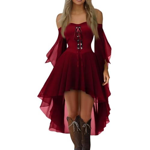 Generisch Halloween Frauen Kostüm Schwarzes Gothic Kleid Damen Off-Shoulder Tag Der Halloween Kostüm mit Blut Blutiges Hexe Kleid Helloween Gothic Kleidung Damen Sexy Tiefrot S