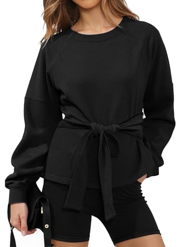 Zhiyouni Women's Long Sleeves Shirt Tops Casual 2026 Fall Fashion Crewneck Tie Knot Sweatshirt Pullover(Black-L)