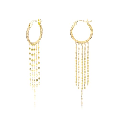 14k Gold Diamond-cut Hoop Tassel Earrings for Women, Real 14 Karat Gold Dangle Earrings for Her